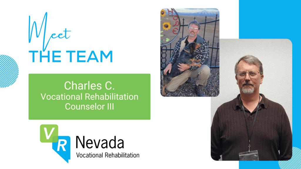 Meet the Team Charles C. Vocational Rehabilitation Couselor 3. Charles, a caucasian man with glasses, a grey goatee and hair, kneels kneels down to hug his dog, a blue tick beagle. They are outdoors in front of a sign with sunflowers and the word hope on it. In the background are snow covered mountains. 