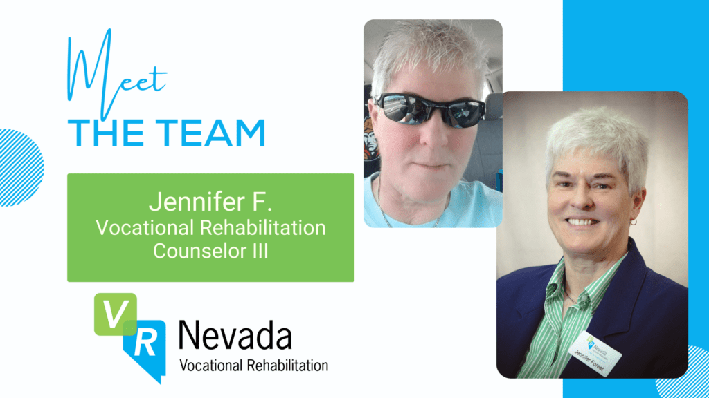 Meet the Team Jennifer F. Vocational Rehabilitation Counselor 3.
Jennifer, a Caucasian woman with short grey hair wearing sunglasses  smiles warmly.